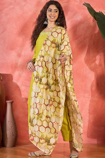 Womens Lime Chinon Silk Kurta Pant with Dupatta