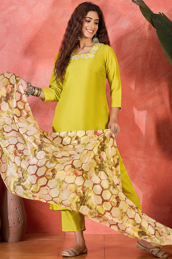 Womens Lime Chinon Silk Kurta Pant with Dupatta