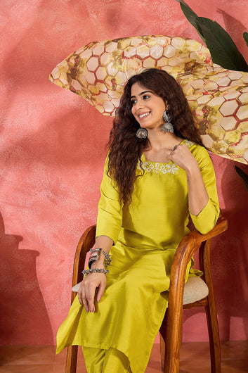 Womens Lime Chinon Silk Kurta Pant with Dupatta