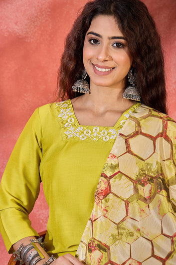 Womens Lime Chinon Silk Kurta Pant with Dupatta