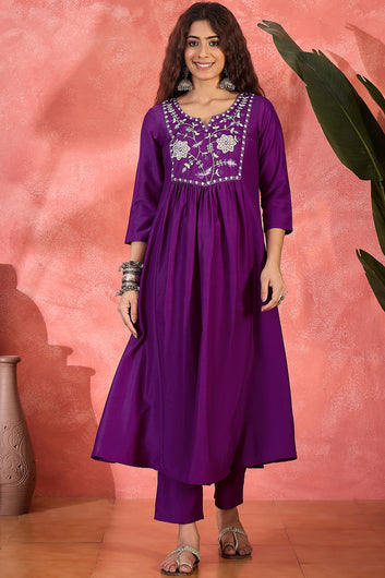 Womens Violet Chinon Silk Embroidered Kurta Set with Dupatta