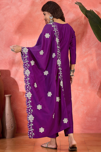 Womens Violet Chinon Silk Embroidered Kurta Set with Dupatta