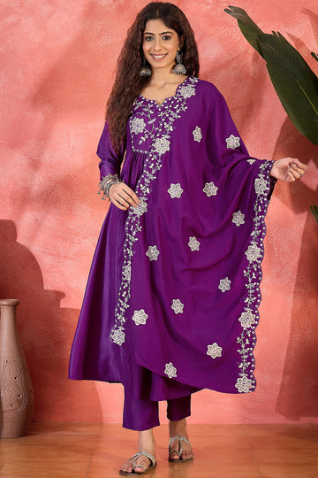 Womens Violet Chinon Silk Embroidered Kurta Set with Dupatta