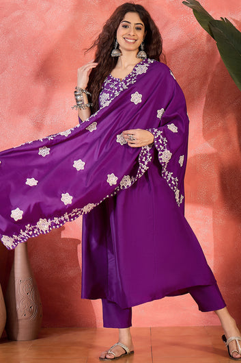 Womens Violet Chinon Silk Embroidered Kurta Set with Dupatta