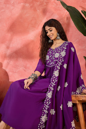 Womens Violet Chinon Silk Embroidered Kurta Set with Dupatta