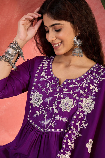 Womens Violet Chinon Silk Embroidered Kurta Set with Dupatta