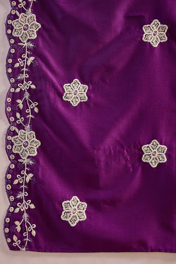 Womens Violet Chinon Silk Embroidered Kurta Set with Dupatta