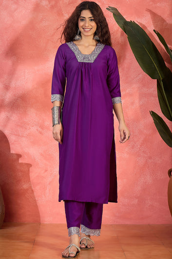 Womens Violet Chinon Silk Embroidered Kurta Set with Dupatta
