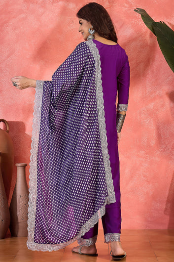 Womens Violet Chinon Silk Embroidered Kurta Set with Dupatta