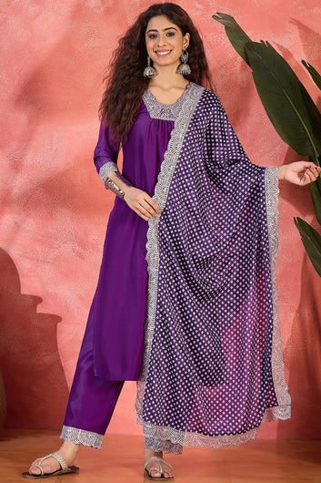 Womens Violet Chinon Silk Embroidered Kurta Set with Dupatta