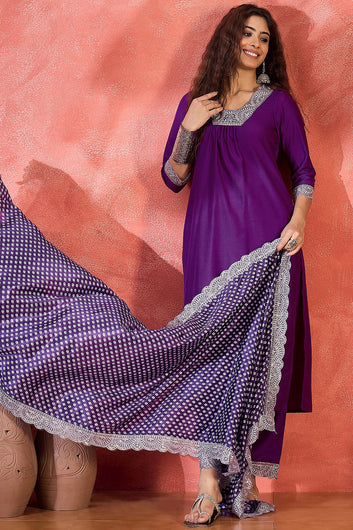 Womens Violet Chinon Silk Embroidered Kurta Set with Dupatta