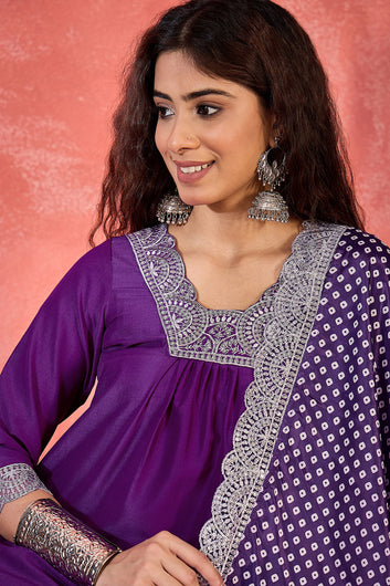 Womens Violet Chinon Silk Embroidered Kurta Set with Dupatta