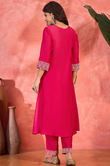 Womens Pink Chinon Silk Embroidered Kurta and pant Set