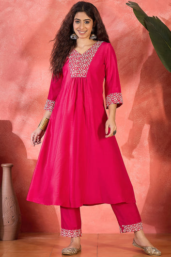 Womens Pink Chinon Silk Embroidered Kurta and pant Set