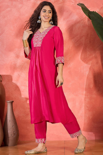 Womens Pink Chinon Silk Embroidered Kurta and pant Set
