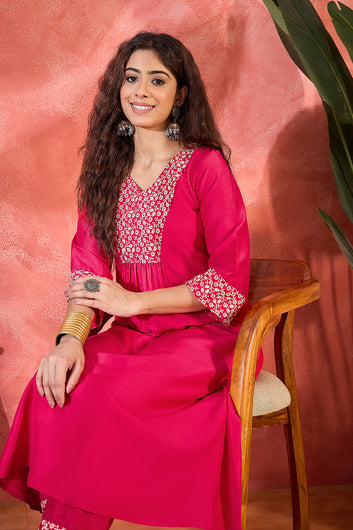 Womens Pink Chinon Silk Embroidered Kurta and pant Set