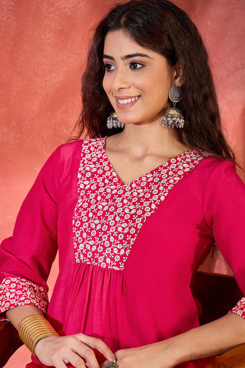 Womens Pink Chinon Silk Embroidered Kurta and pant Set