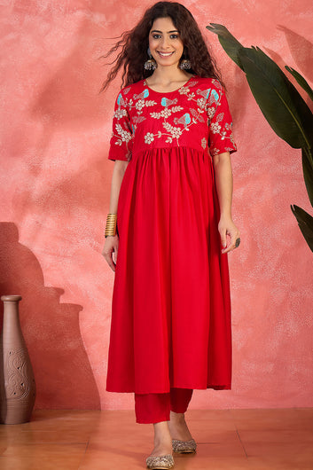 Womens Red Cotton Embroidered Kurta Set with Dupatta