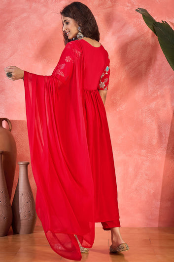 Womens Red Cotton Embroidered Kurta Set with Dupatta