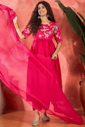 Womens Pink Cotton Embroidered Kurta Set with Dupatta