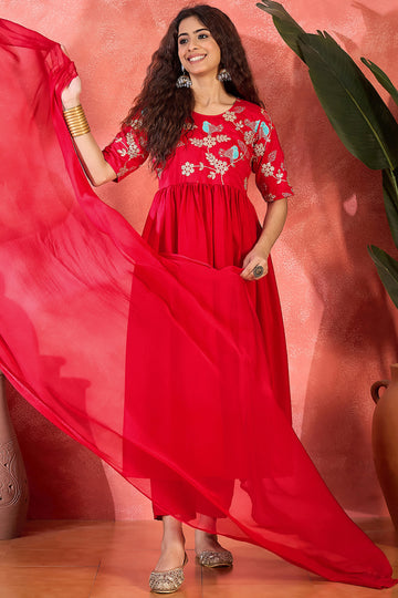 Womens Red Cotton Embroidered Kurta Set with Dupatta