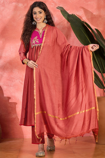 Womens Rust Chinon Embroidered Kurta Set with Dupatta