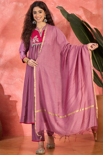 Womens Lavender Chinon Embroidered Kurta Set with Dupatta