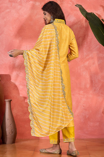 Womens Yellow Chinon Silk Embroidered Kurta Set with Dupatta