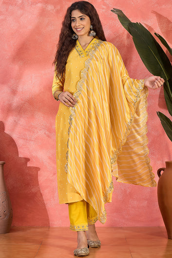 Womens Yellow Chinon Silk Embroidered Kurta Set with Dupatta