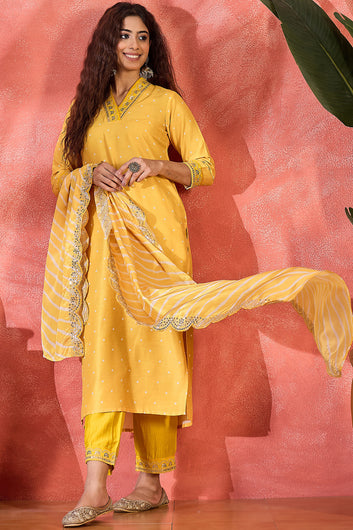 Womens Yellow Chinon Silk Embroidered Kurta Set with Dupatta