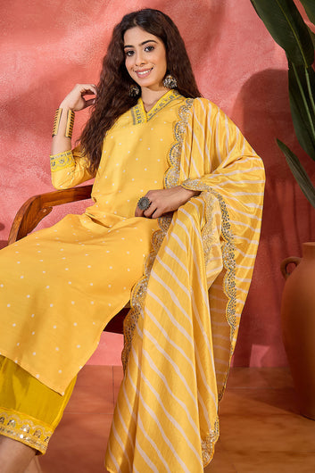 Womens Yellow Chinon Silk Embroidered Kurta Set with Dupatta