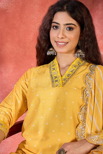 Womens Yellow Chinon Silk Embroidered Kurta Set with Dupatta