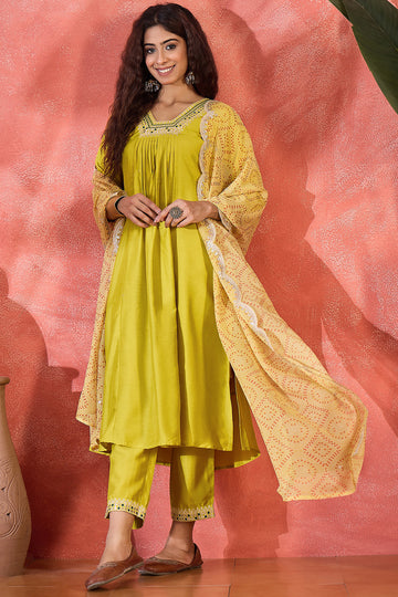Womens Lime Chinon Silk Embroidered Kurta Set with Dupatta