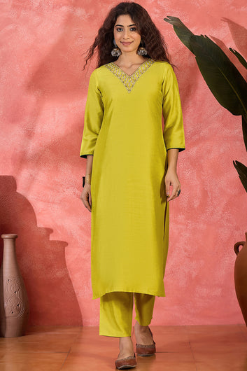 Womens Lime Chinon Silk Embroidered Kurta Set with Dupatta