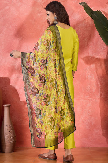 Womens Lime Chinon Silk Embroidered Kurta Set with Dupatta