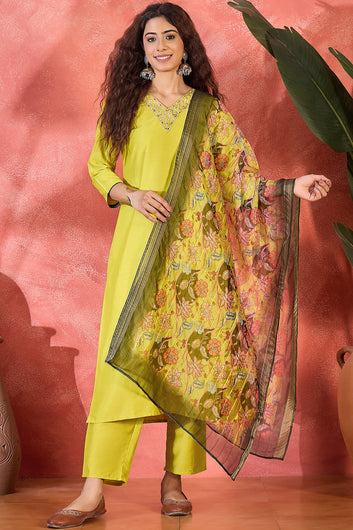 Womens Lime Chinon Silk Embroidered Kurta Set with Dupatta