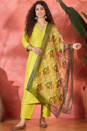 Womens Lime Chinon Silk Embroidered Kurta Set with Dupatta