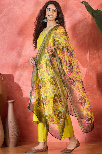 Womens Lime Chinon Silk Embroidered Kurta Set with Dupatta