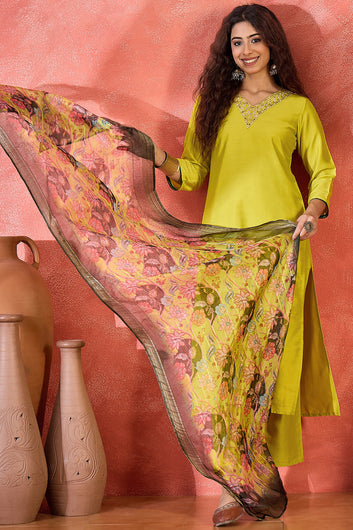Womens Lime Chinon Silk Embroidered Kurta Set with Dupatta