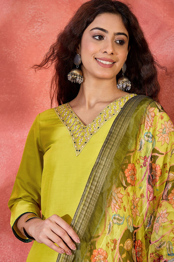 Womens Lime Chinon Silk Embroidered Kurta Set with Dupatta