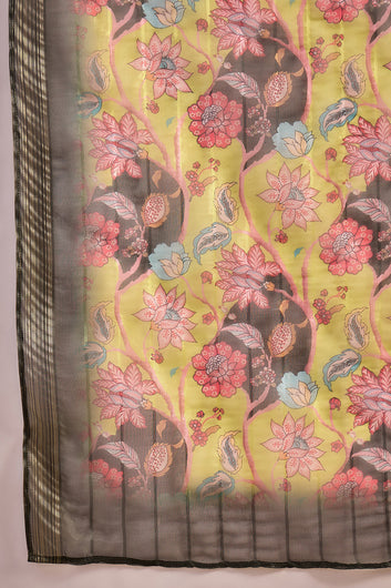 Womens Lime Chinon Silk Embroidered Kurta Set with Dupatta