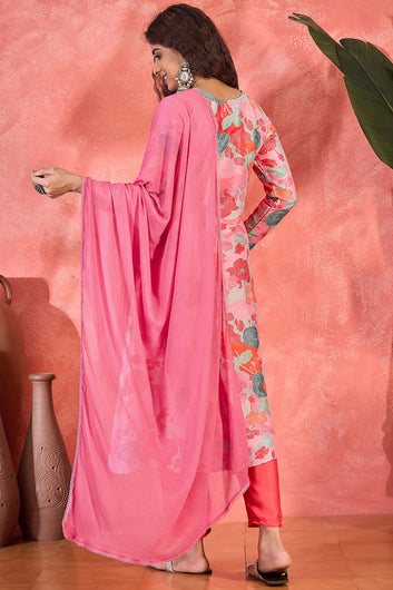 Womens Pink Chinon Silk Floral Printed A-line Kurta Set with Dupatta