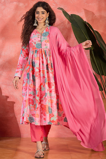 Womens Pink Chinon Silk Floral Printed A-line Kurta Set with Dupatta