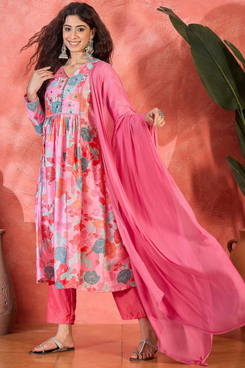 Womens Pink Chinon Silk Floral Printed A-line Kurta Set with Dupatta