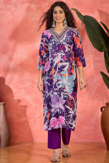 Womens Purple Chinon Silk Kurta Set with Dupatta