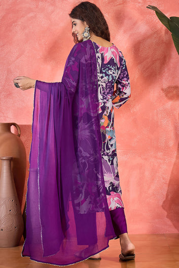 Womens Purple Chinon Silk Kurta Set with Dupatta