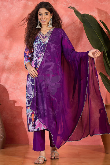 Womens Purple Chinon Silk Kurta Set with Dupatta