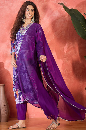 Womens Purple Chinon Silk Kurta Set with Dupatta