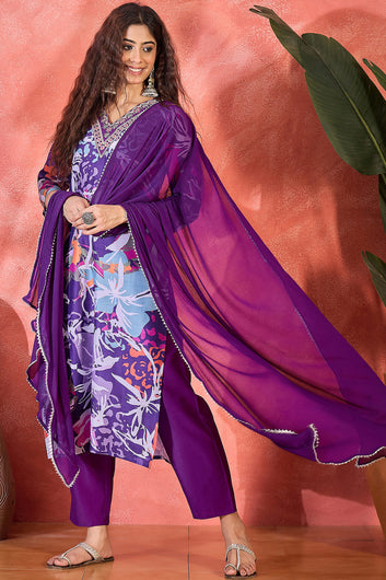 Womens Purple Chinon Silk Kurta Set with Dupatta