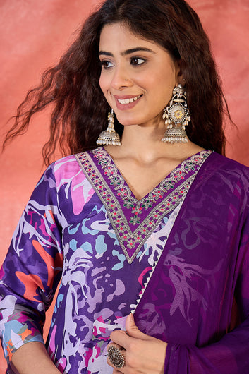 Womens Purple Chinon Silk Kurta Set with Dupatta
